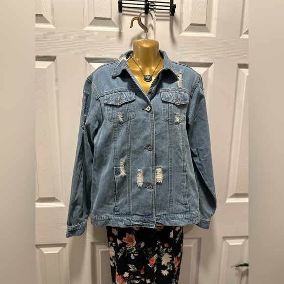 Denim jacket. Size medium. Distressed. Loose fit. - Picture 11 of 11